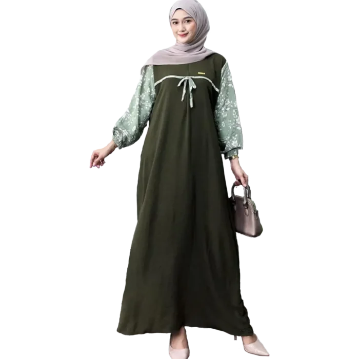 Modest Arafah Abaya Cringkle Rayon Combination Army Green