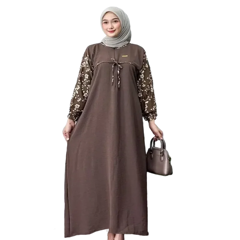 Modest Arafah Abaya Cringkle Rayon Combination Coffee Brown