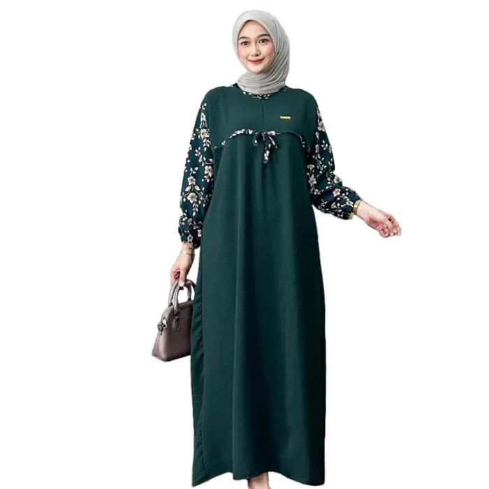 Modest Arafah Abaya Cringkle Rayon Combination Dark Green