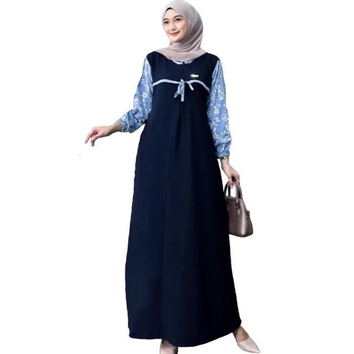 Modest Arafah Abaya Cringkle Rayon Combination Navy Blue