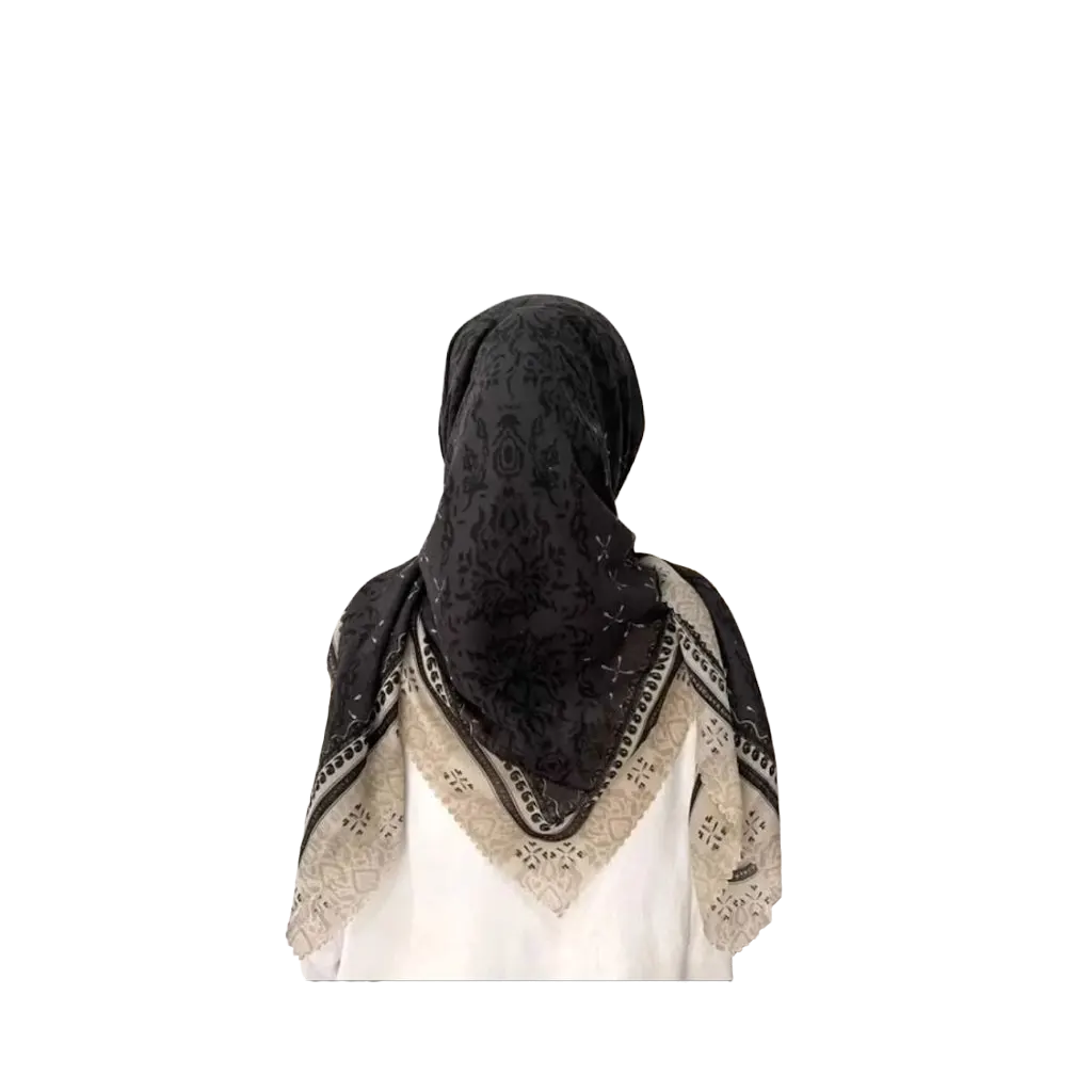 Premium Voal Hijab Square Lasercut Edge Lambira Black Voal Square Scarf - muslim religion clothing