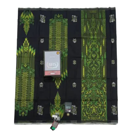 Authentic BHS Excellent Silver JGP woven men's sarong in pitch black with forest green, olive, and lime chevron songket motifs